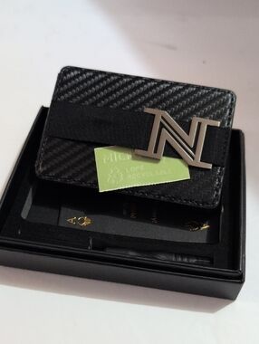 Men's Black Carbon Fiber Money Clip Card Holder with N Initial